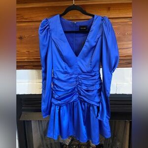 DO+BE Blue Ruched Wrap Dress with Bishop Sleeves